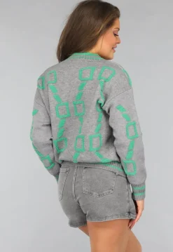 Grijze Cardigan met Groene Details