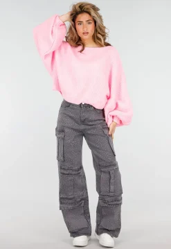 Grijze Cargo Broek met Strass Steentjes