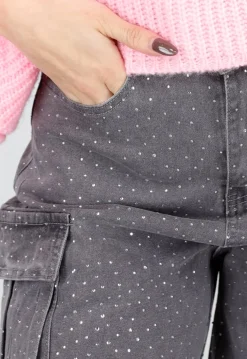 Grijze Cargo Broek met Strass Steentjes