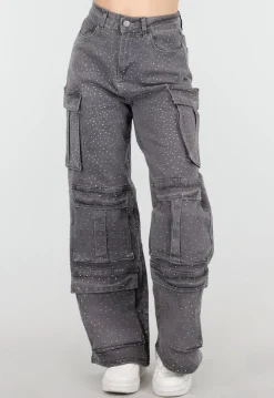 Grijze Cargo Broek met Strass Steentjes