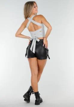 Grijze Cropped Top met Kruisbanden en Striksluiting Achter