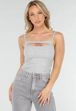 Grijze Cut-Out Top met Spaghetti Bandjes en Stretch