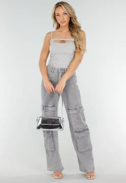 Grijze Cut-Out Top met Spaghetti Bandjes en Stretch