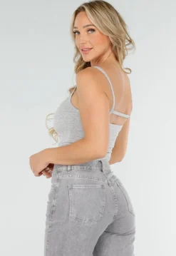 Grijze Cut-Out Top met Spaghetti Bandjes en Stretch