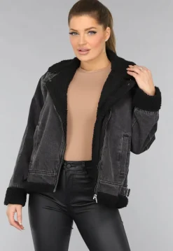 Grijze Denim Lammy Coat met Gesp Details