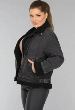 Grijze Denim Lammy Coat met Gesp Details