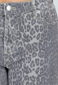 Grijze Denim Leopard Print Wide Leg Jeans met Stretch