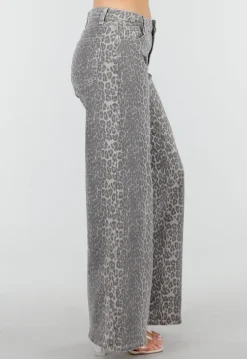 Grijze Denim Leopard Print Wide Leg Jeans met Stretch