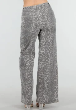 Grijze Denim Leopard Print Wide Leg Jeans met Stretch