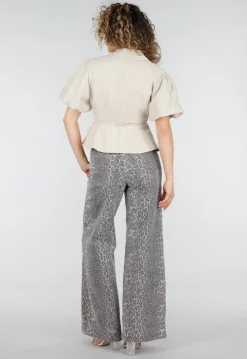 Grijze Denim Leopard Print Wide Leg Jeans met Stretch