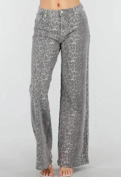 Grijze Denim Leopard Print Wide Leg Jeans met Stretch