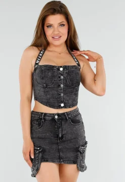 Grijze Denim 2-Piece met Haltertop en Cargo Minirok