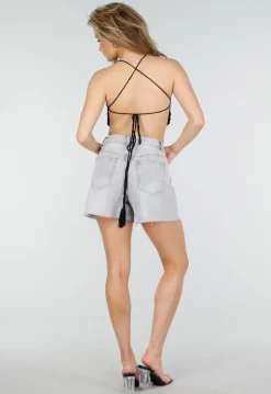 Grijze Denim Short met Ruwe Zoom en Lichte Stretch