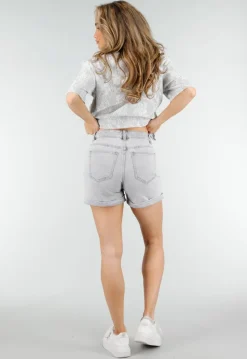 Grijze Denim Shorts met Omgeslagen Zoom en High Waist
