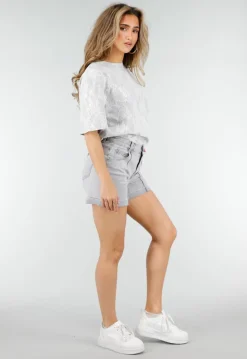 Grijze Denim Shorts met Omgeslagen Zoom en High Waist
