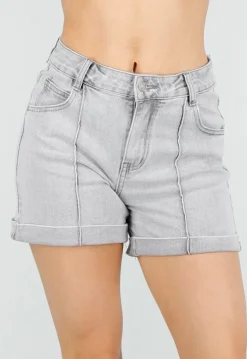 Grijze Denim Shorts met Omgeslagen Zoom en High Waist