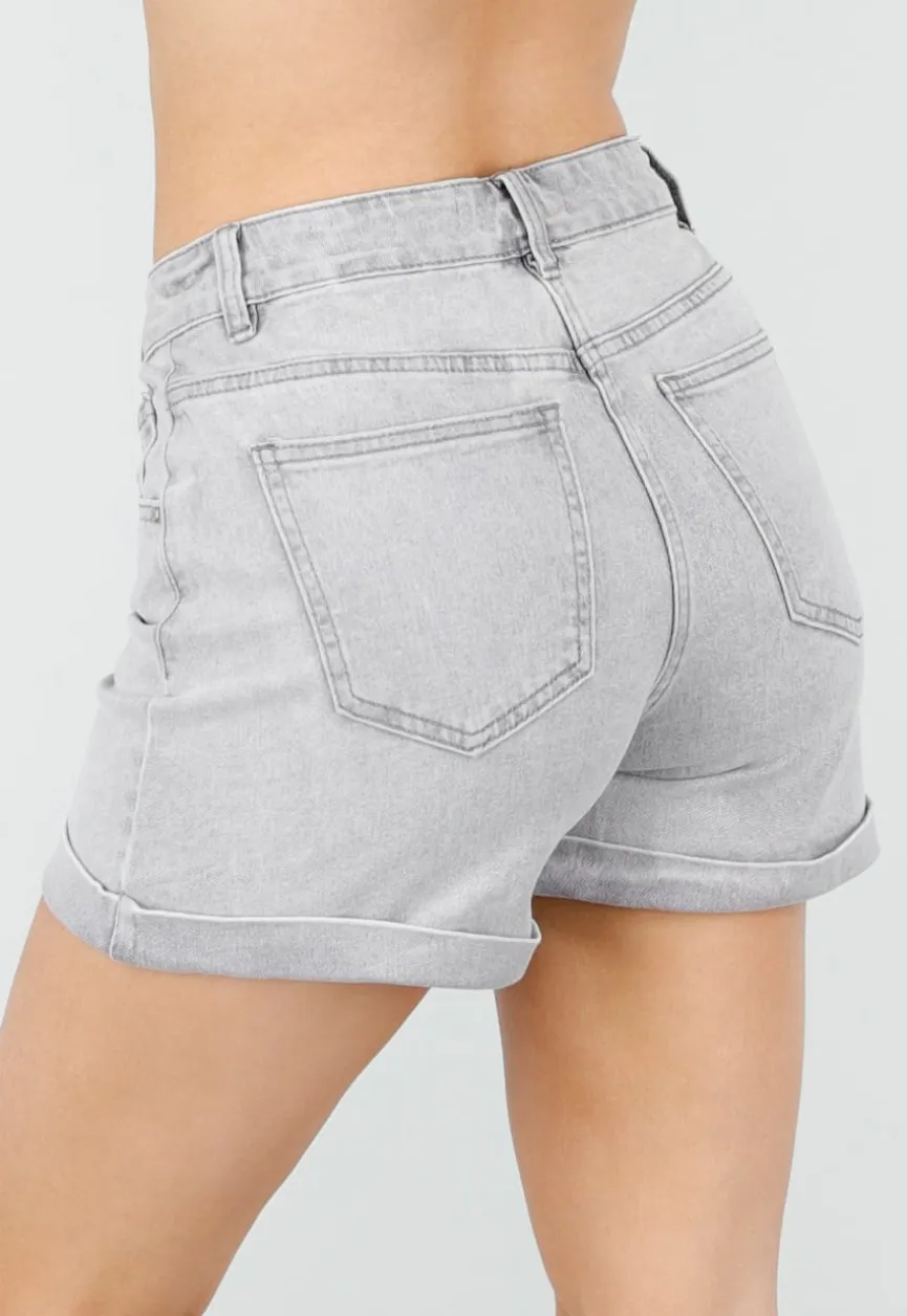 Grijze Denim Shorts met Omgeslagen Zoom en High Waist