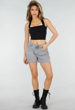 Grijze Denim Shorts met Studs en Rechte Pijpen