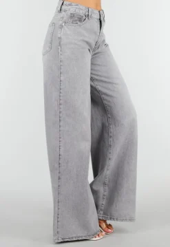 Grijze Extra Wide Leg Jeans met Hoge Taille en Rechte Pijpen