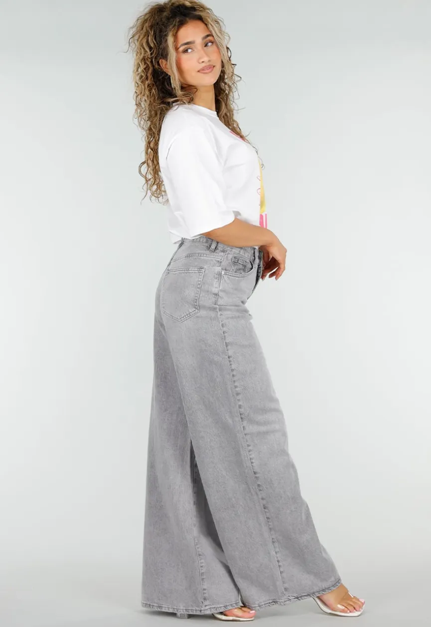 Grijze Extra Wide Leg Jeans met Hoge Taille en Rechte Pijpen