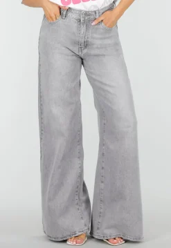 Grijze Extra Wide Leg Jeans met Hoge Taille en Rechte Pijpen