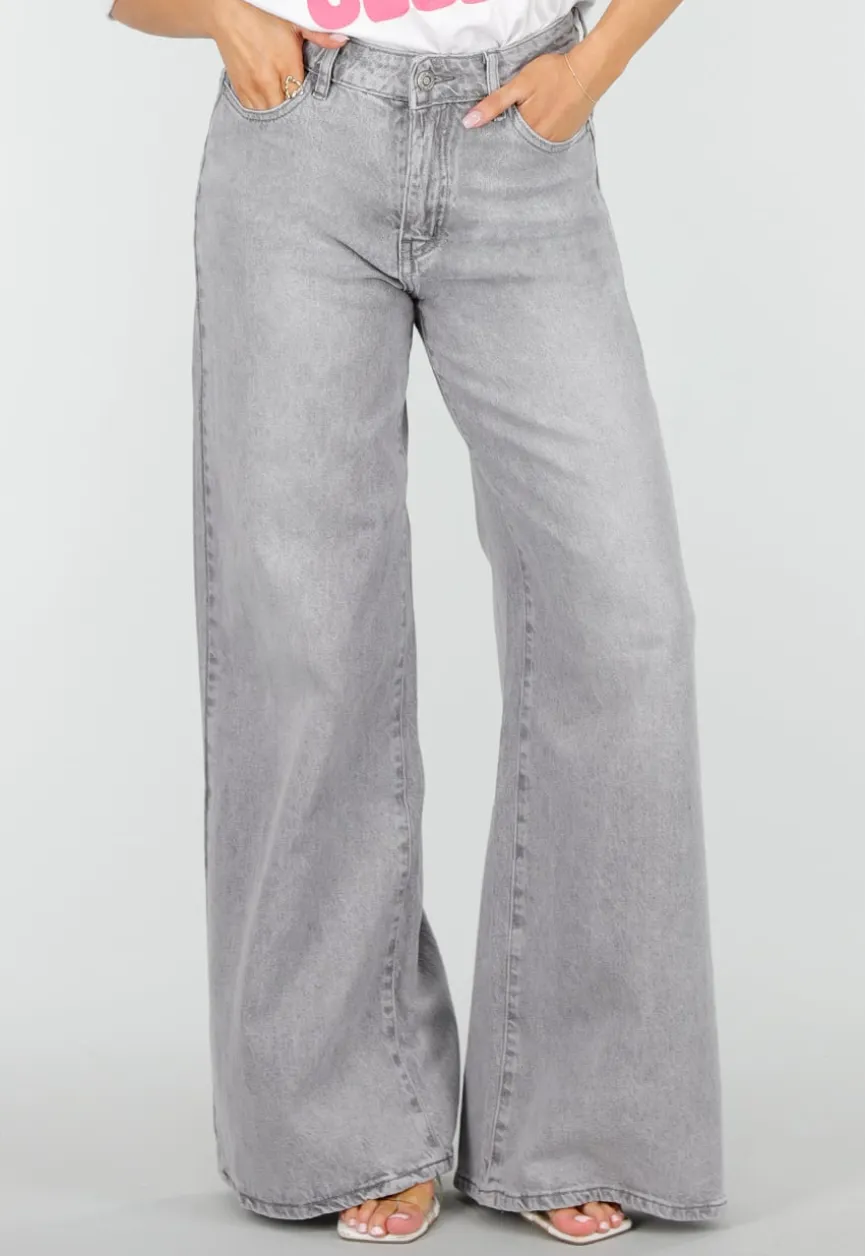Grijze Extra Wide Leg Jeans met Hoge Taille en Rechte Pijpen