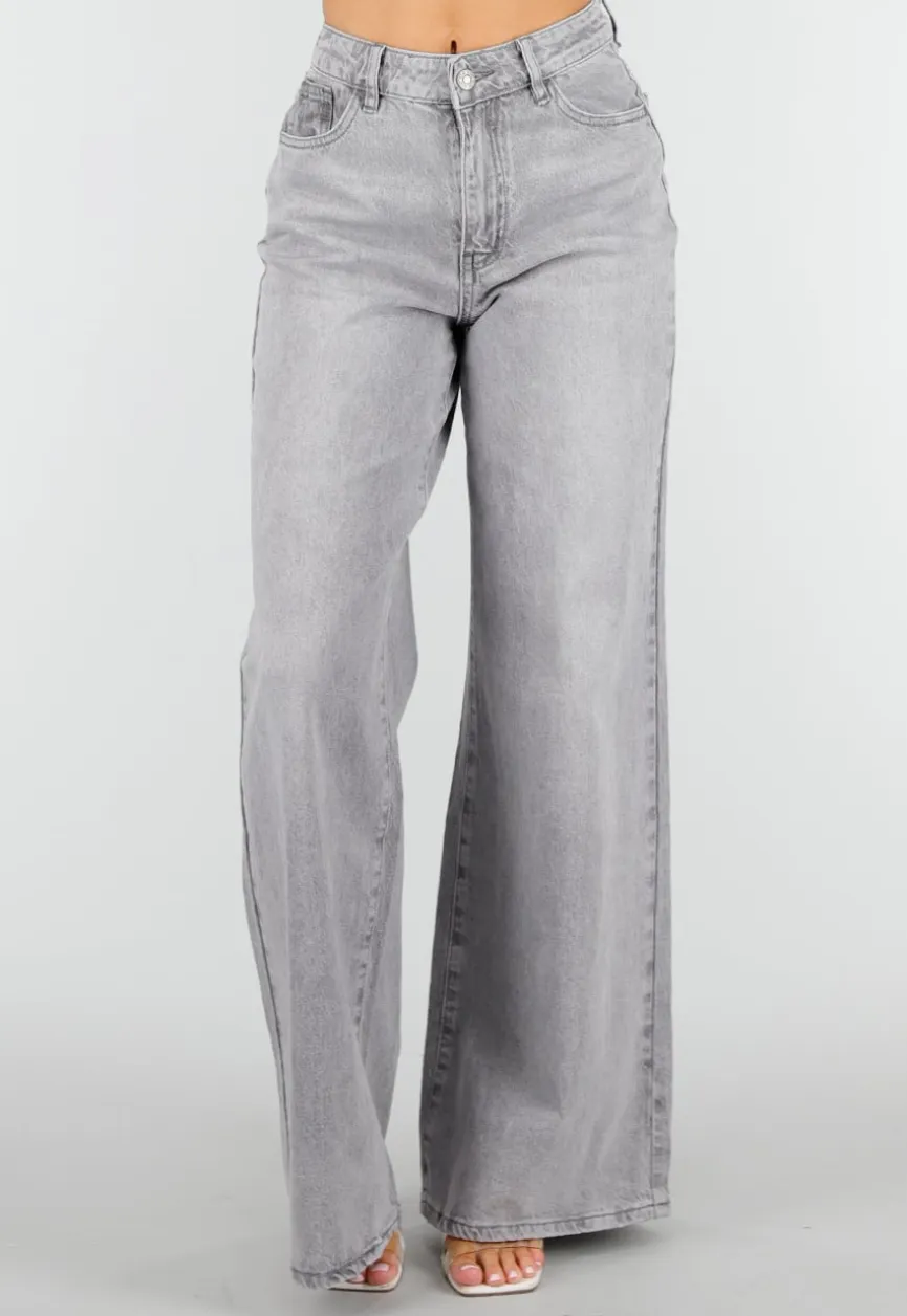 Grijze Extra Wide Leg Jeans met Hoge Taille en Rechte Pijpen