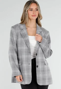 Grijze Geruite Blazer met Lange Mouwen en Knopen