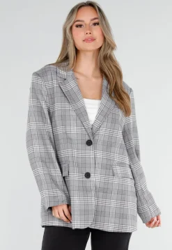 Grijze Geruite Blazer met Lange Mouwen en Knopen