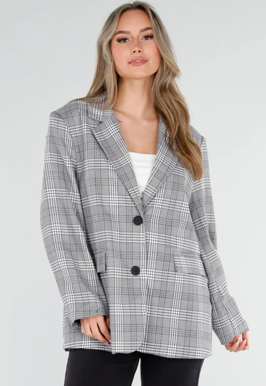 Grijze Geruite Blazer met Lange Mouwen en Knopen