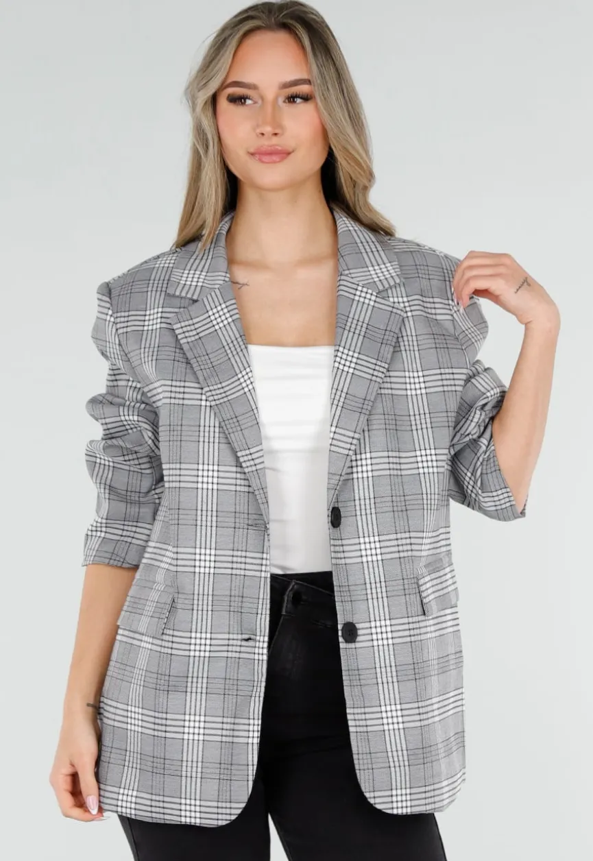 Grijze Geruite Blazer met Lange Mouwen en Knopen