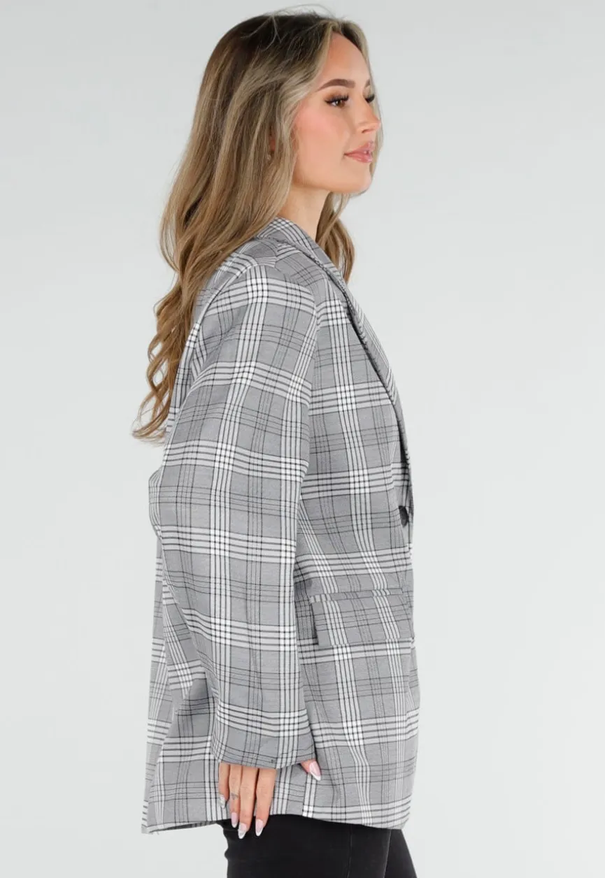 Grijze Geruite Blazer met Lange Mouwen en Knopen