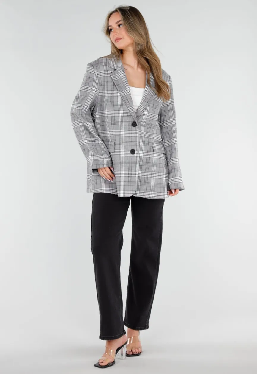 Grijze Geruite Blazer met Lange Mouwen en Knopen