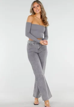 Grijze High Waist Straight Jeans met Licht Gewassen Look
