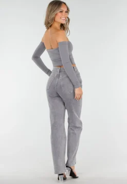 Grijze High Waist Straight Jeans met Licht Gewassen Look