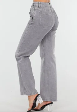 Grijze High Waist Straight Jeans met Licht Gewassen Look