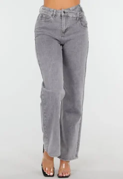 Grijze High Waist Straight Jeans met Licht Gewassen Look
