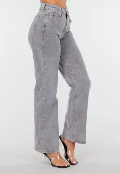Grijze High Waist Straight Jeans met Licht Gewassen Look
