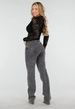 Grijze High Waist Straight Leg Stretch Jeans met Subtiele Wassing