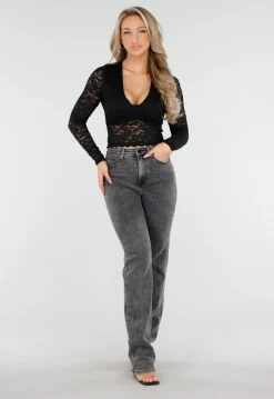 Grijze High Waist Straight Leg Stretch Jeans met Subtiele Wassing