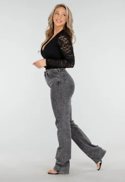 Grijze High Waist Straight Leg Stretch Jeans met Subtiele Wassing