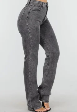 Grijze High Waist Straight Leg Stretch Jeans met Subtiele Wassing