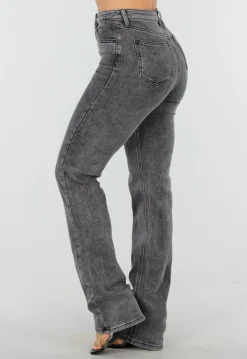 Grijze High Waist Straight Leg Stretch Jeans met Subtiele Wassing