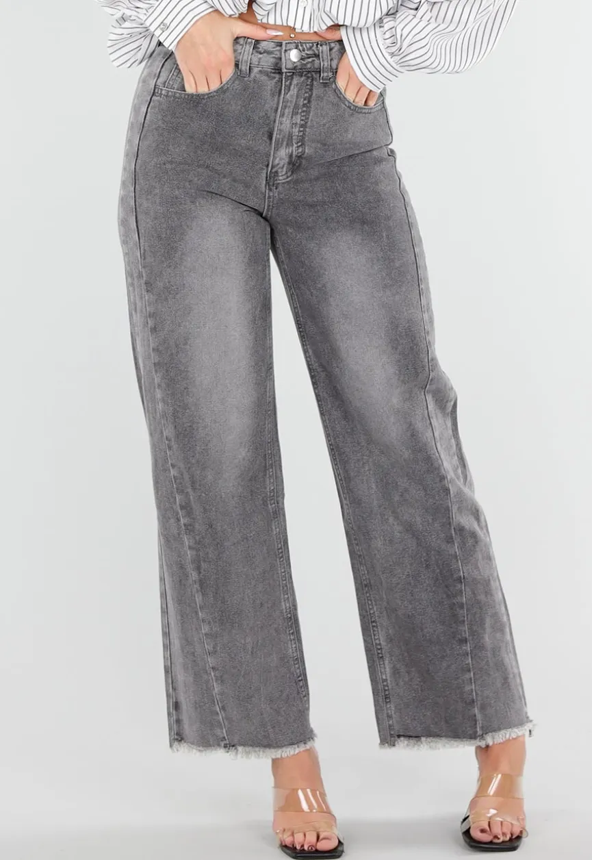 Grijze High Waist Straight Leg Jeans met Rafelige Zoom