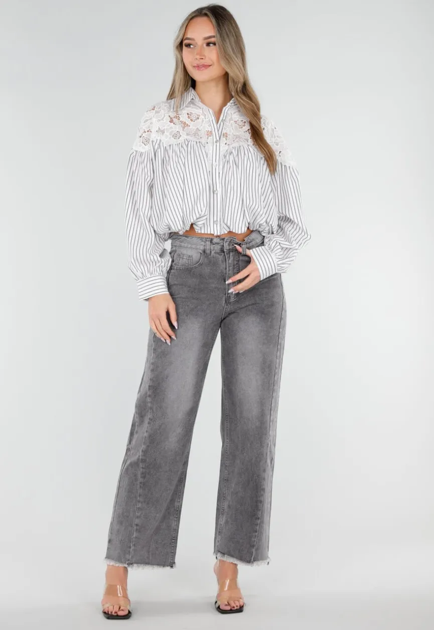Grijze High Waist Straight Leg Jeans met Rafelige Zoom