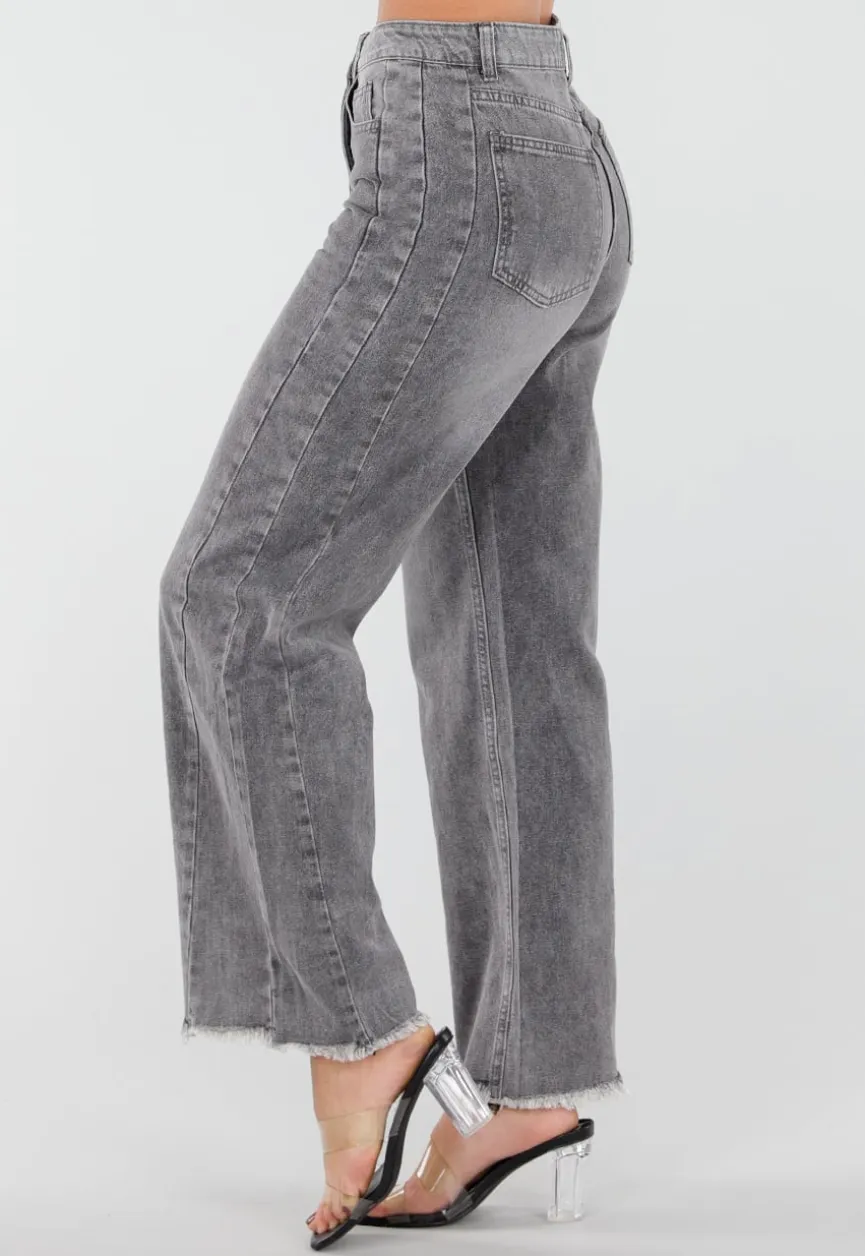 Grijze High Waist Straight Leg Jeans met Rafelige Zoom