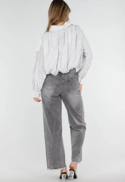 Grijze High Waist Straight Leg Jeans met Rafelige Zoom