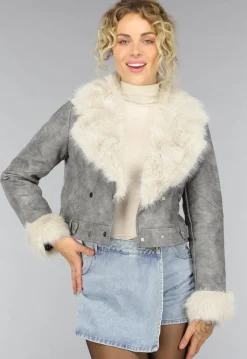 Grijze Korte Jas met Beige Bontkraag