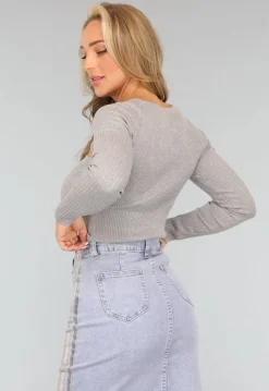 Grijze Lange Mouwen Top met Cutouts