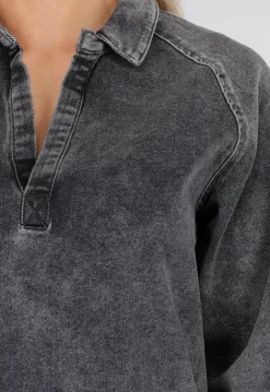 Grijze Longsleeve Oversized Denim Jurk met V-hals
